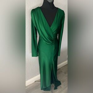 Emerald Green Satin Long Sleeve Stretch Plunge Neck Dress